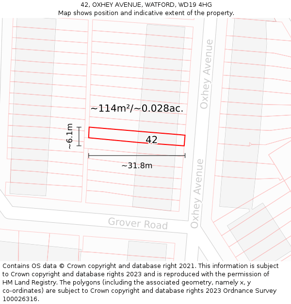 42, OXHEY AVENUE, WATFORD, WD19 4HG: Plot and title map