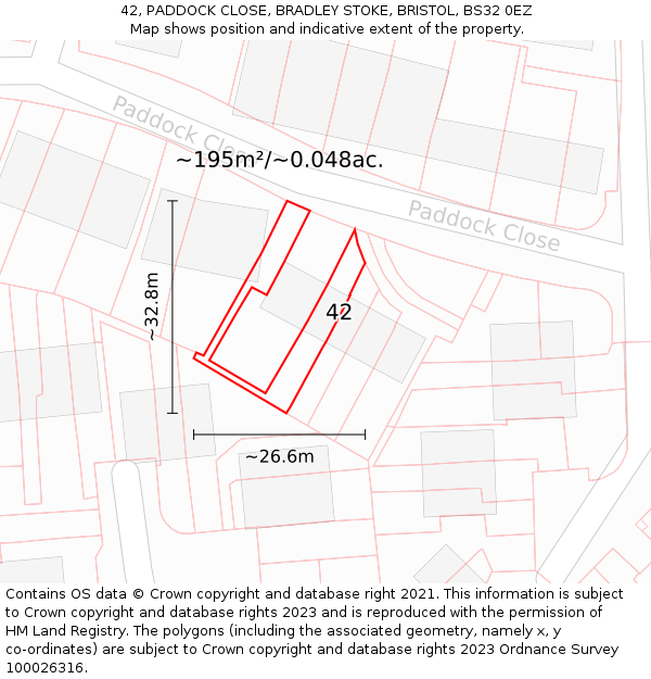 42, PADDOCK CLOSE, BRADLEY STOKE, BRISTOL, BS32 0EZ: Plot and title map