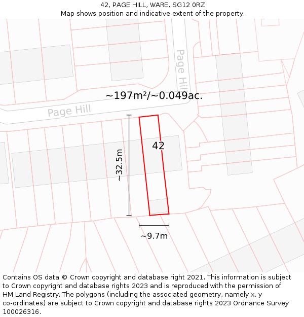 42, PAGE HILL, WARE, SG12 0RZ: Plot and title map