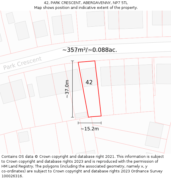 42, PARK CRESCENT, ABERGAVENNY, NP7 5TL: Plot and title map