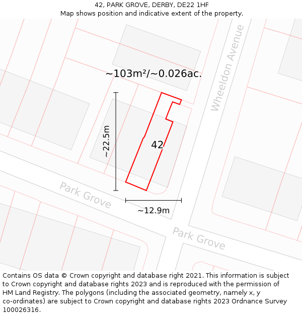 42, PARK GROVE, DERBY, DE22 1HF: Plot and title map