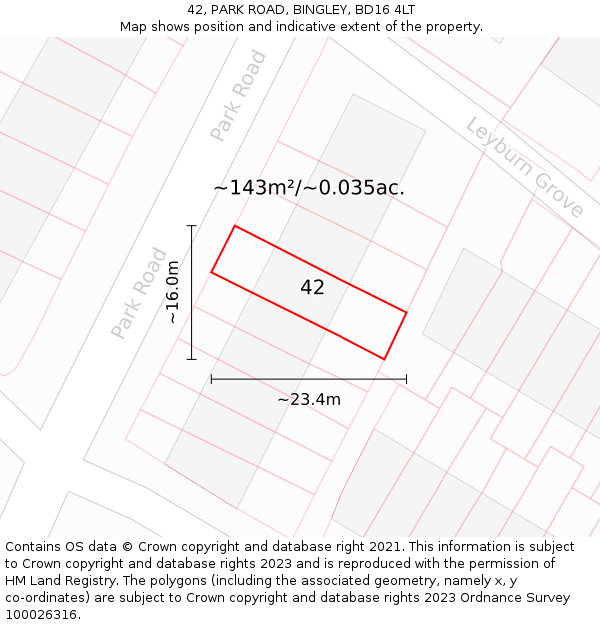 42, PARK ROAD, BINGLEY, BD16 4LT: Plot and title map