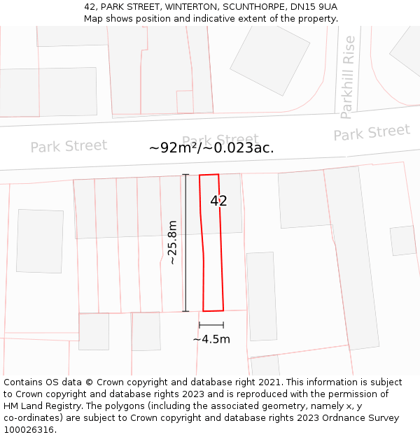 42, PARK STREET, WINTERTON, SCUNTHORPE, DN15 9UA: Plot and title map