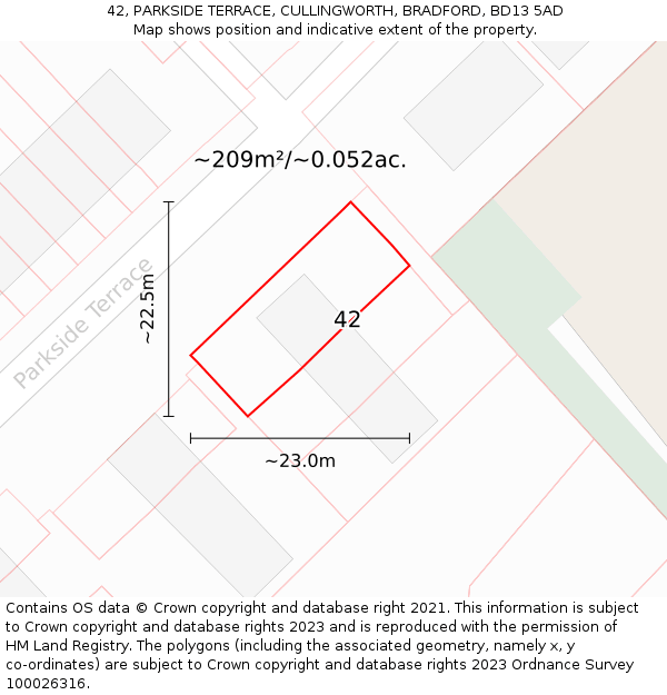 42, PARKSIDE TERRACE, CULLINGWORTH, BRADFORD, BD13 5AD: Plot and title map
