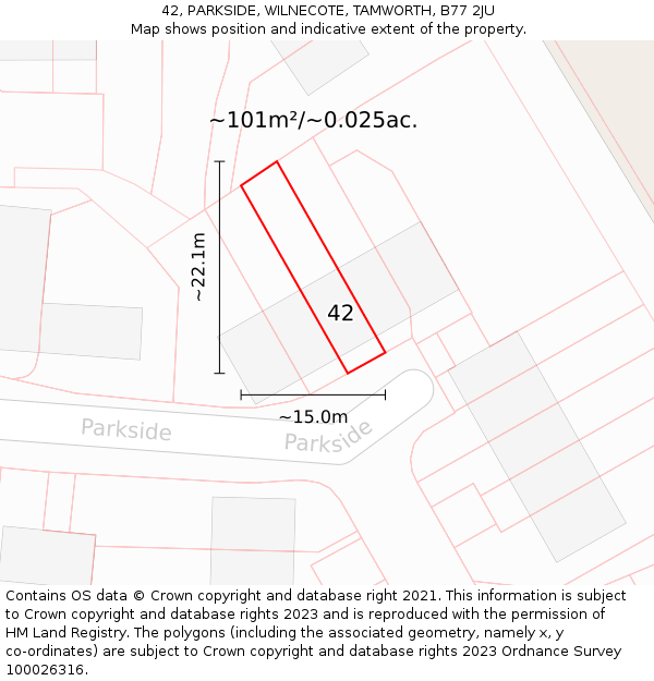 42, PARKSIDE, WILNECOTE, TAMWORTH, B77 2JU: Plot and title map