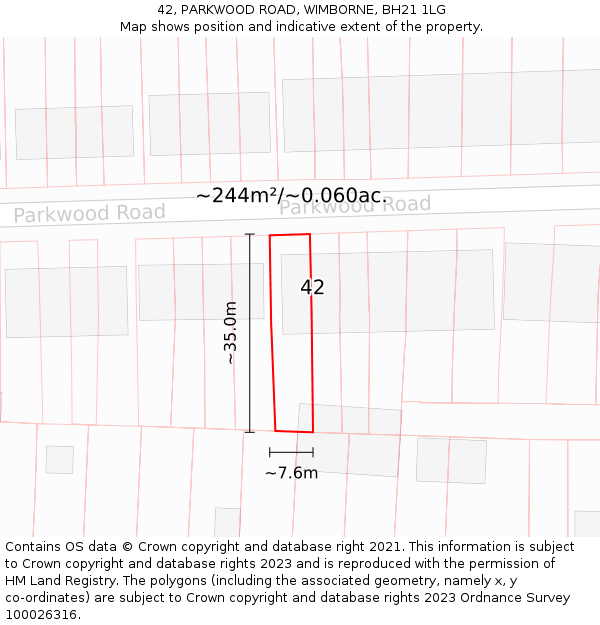42, PARKWOOD ROAD, WIMBORNE, BH21 1LG: Plot and title map