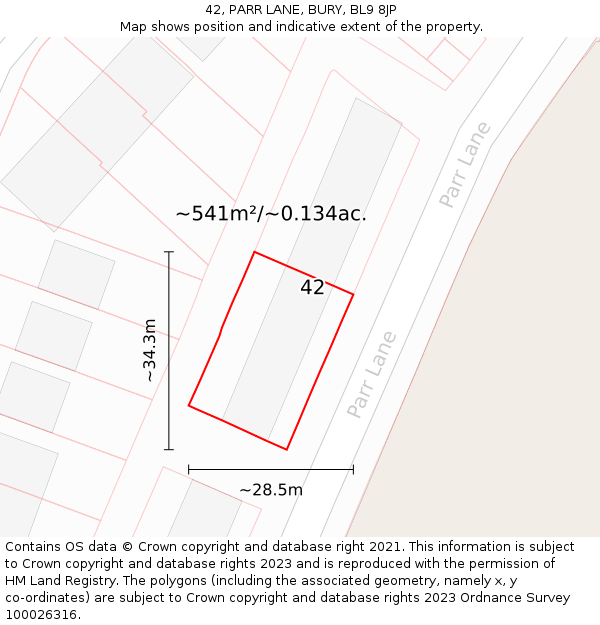 42, PARR LANE, BURY, BL9 8JP: Plot and title map