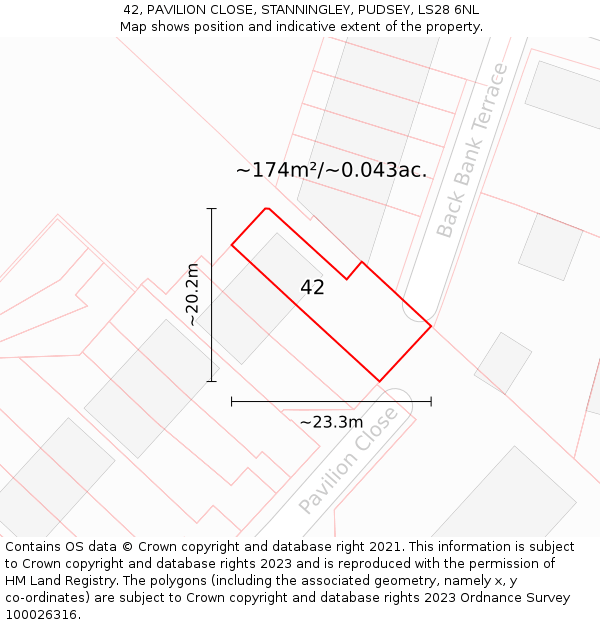 42, PAVILION CLOSE, STANNINGLEY, PUDSEY, LS28 6NL: Plot and title map