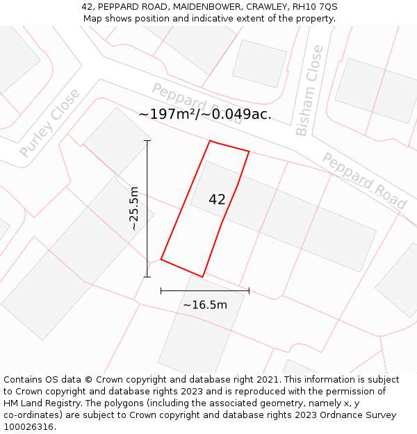 42, PEPPARD ROAD, MAIDENBOWER, CRAWLEY, RH10 7QS: Plot and title map