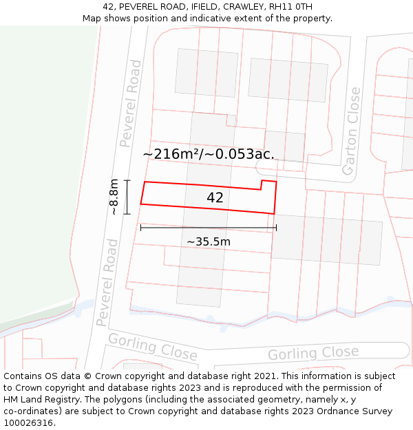 42, PEVEREL ROAD, IFIELD, CRAWLEY, RH11 0TH: Plot and title map