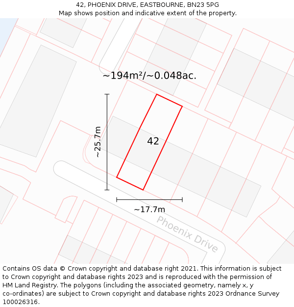 42, PHOENIX DRIVE, EASTBOURNE, BN23 5PG: Plot and title map