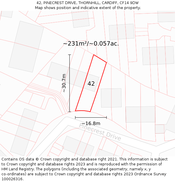 42, PINECREST DRIVE, THORNHILL, CARDIFF, CF14 9DW: Plot and title map