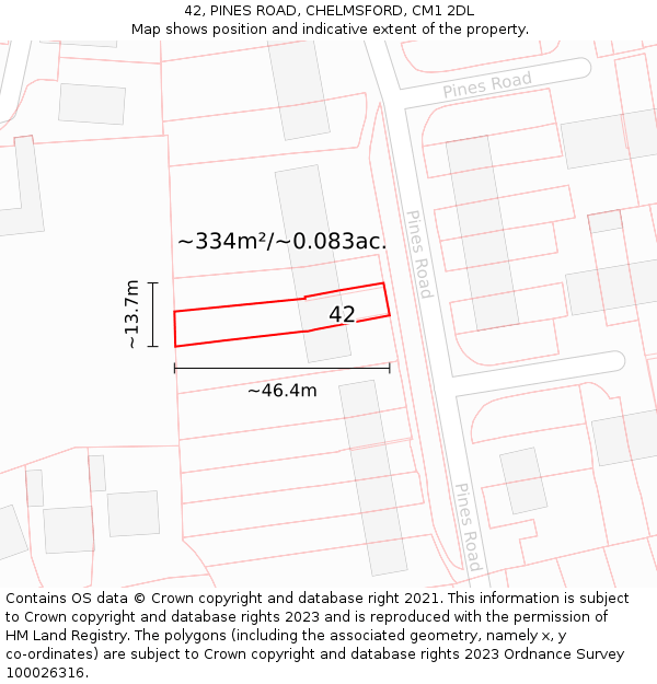 42, PINES ROAD, CHELMSFORD, CM1 2DL: Plot and title map