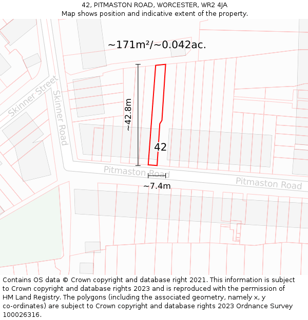 42, PITMASTON ROAD, WORCESTER, WR2 4JA: Plot and title map