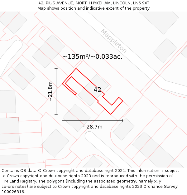 42, PIUS AVENUE, NORTH HYKEHAM, LINCOLN, LN6 9XT: Plot and title map