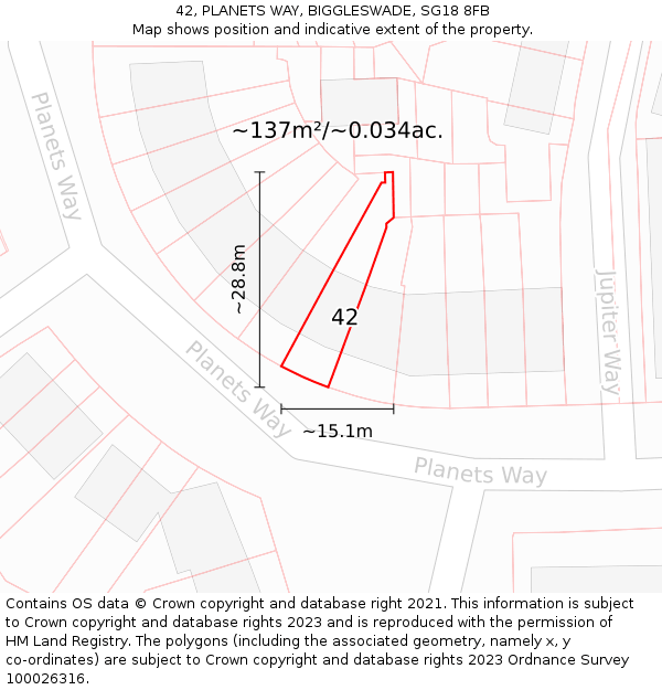 42, PLANETS WAY, BIGGLESWADE, SG18 8FB: Plot and title map
