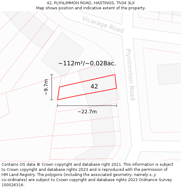 42, PLYNLIMMON ROAD, HASTINGS, TN34 3LX: Plot and title map