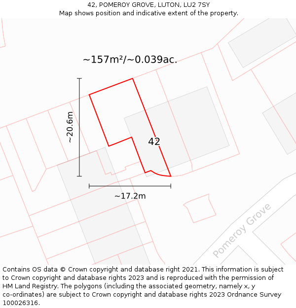 42, POMEROY GROVE, LUTON, LU2 7SY: Plot and title map