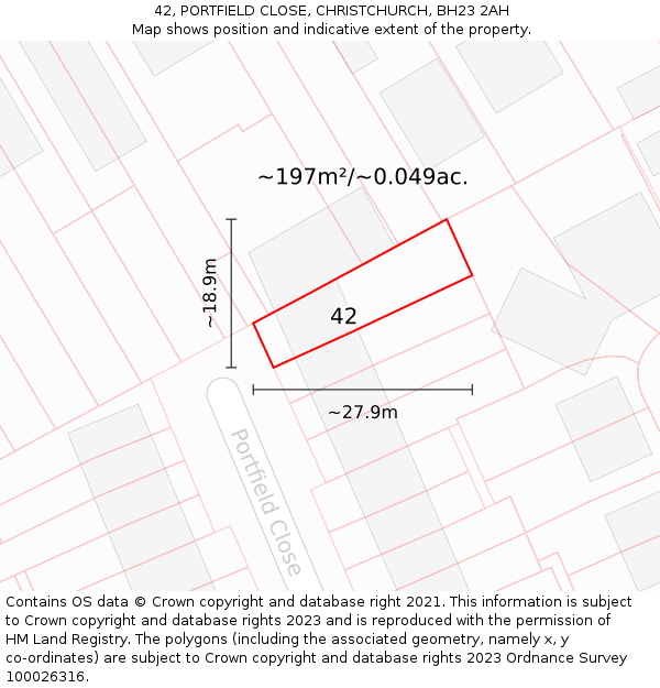 42, PORTFIELD CLOSE, CHRISTCHURCH, BH23 2AH: Plot and title map