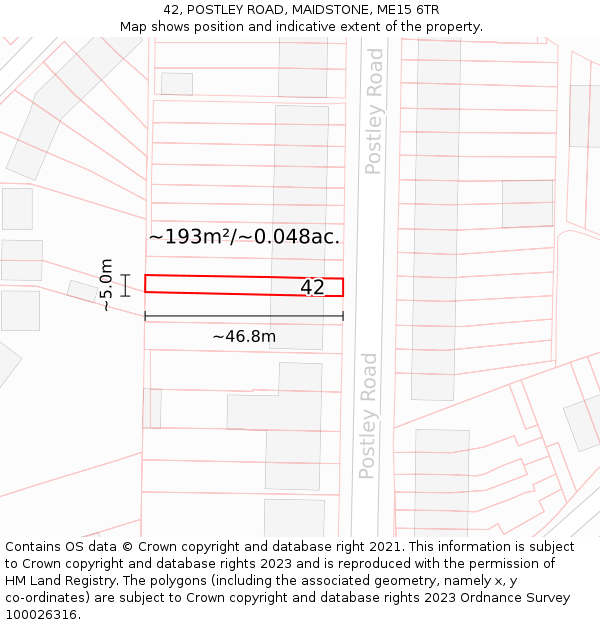 42, POSTLEY ROAD, MAIDSTONE, ME15 6TR: Plot and title map