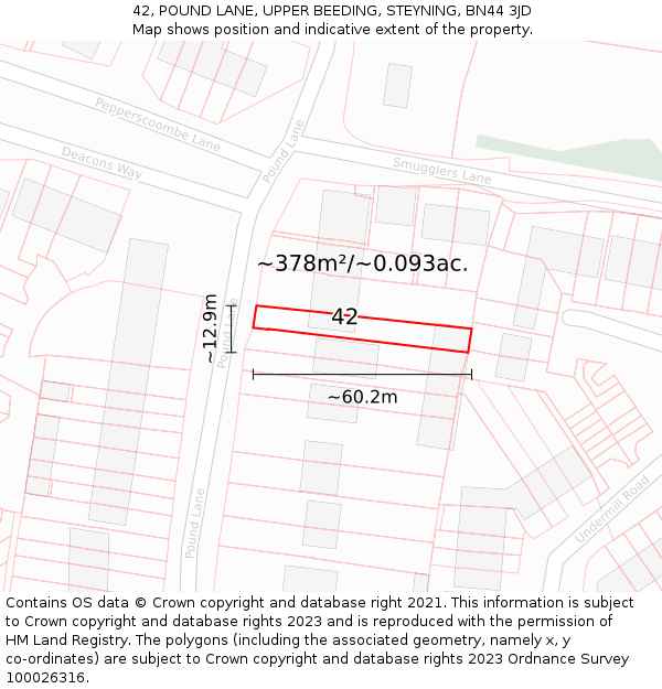 42, POUND LANE, UPPER BEEDING, STEYNING, BN44 3JD: Plot and title map