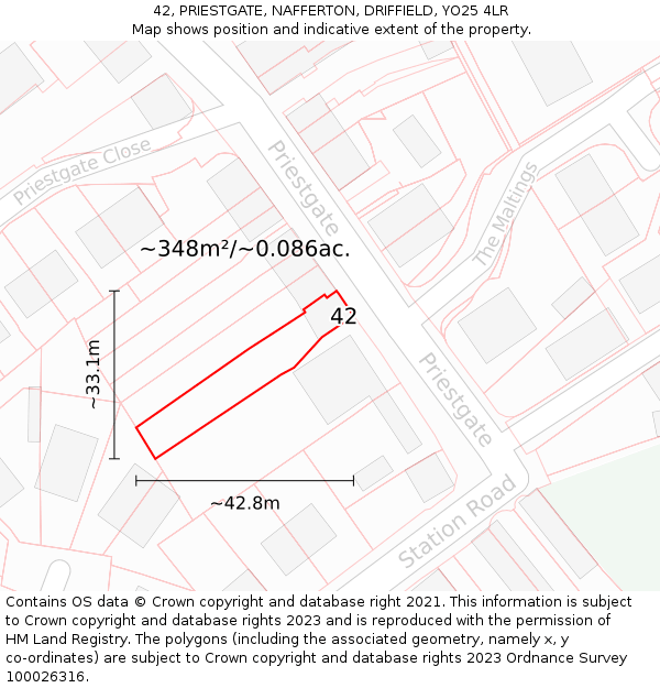 42, PRIESTGATE, NAFFERTON, DRIFFIELD, YO25 4LR: Plot and title map