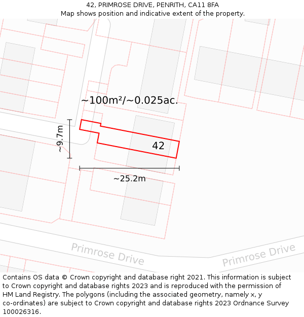 42, PRIMROSE DRIVE, PENRITH, CA11 8FA: Plot and title map