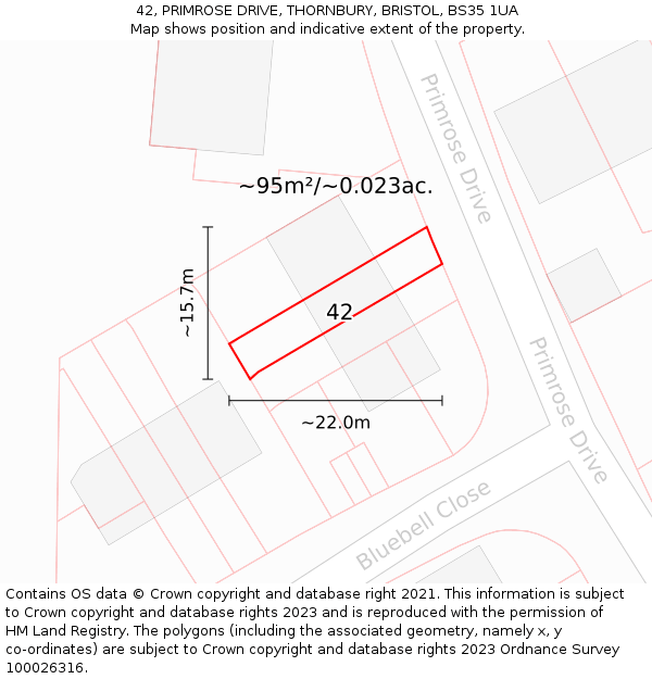 42, PRIMROSE DRIVE, THORNBURY, BRISTOL, BS35 1UA: Plot and title map