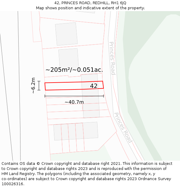 42, PRINCES ROAD, REDHILL, RH1 6JQ: Plot and title map
