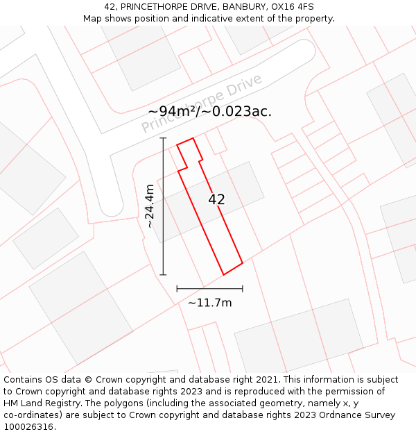 42, PRINCETHORPE DRIVE, BANBURY, OX16 4FS: Plot and title map