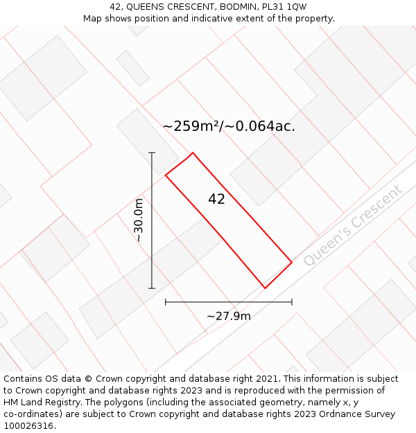 42, QUEENS CRESCENT, BODMIN, PL31 1QW: Plot and title map