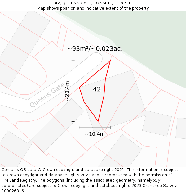 42, QUEENS GATE, CONSETT, DH8 5FB: Plot and title map