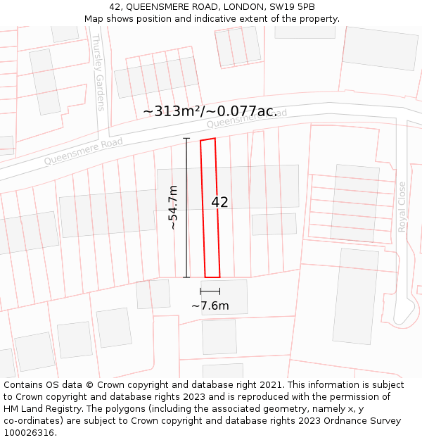 42, QUEENSMERE ROAD, LONDON, SW19 5PB: Plot and title map