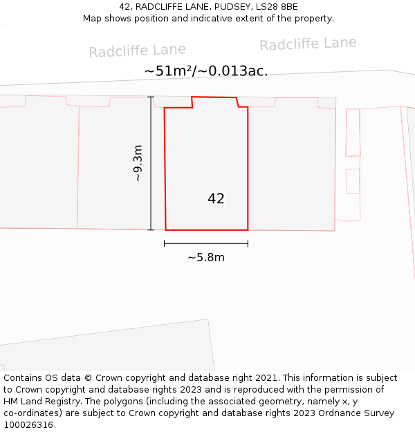 42, RADCLIFFE LANE, PUDSEY, LS28 8BE: Plot and title map