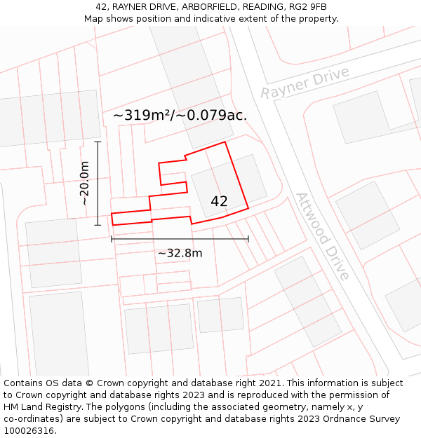 42, RAYNER DRIVE, ARBORFIELD, READING, RG2 9FB: Plot and title map