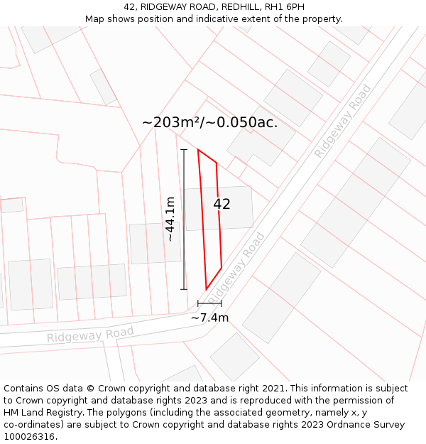 42, RIDGEWAY ROAD, REDHILL, RH1 6PH: Plot and title map