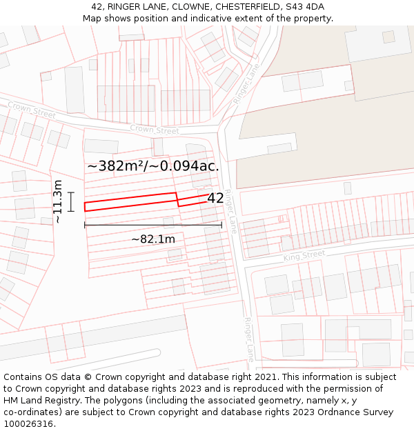42, RINGER LANE, CLOWNE, CHESTERFIELD, S43 4DA: Plot and title map