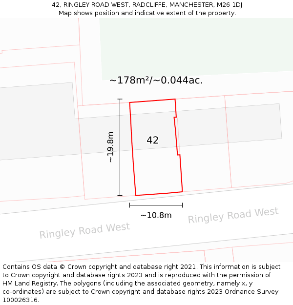 42, RINGLEY ROAD WEST, RADCLIFFE, MANCHESTER, M26 1DJ: Plot and title map