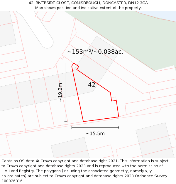 42, RIVERSIDE CLOSE, CONISBROUGH, DONCASTER, DN12 3GA: Plot and title map