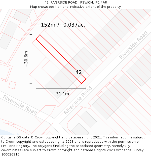 42, RIVERSIDE ROAD, IPSWICH, IP1 4AR: Plot and title map
