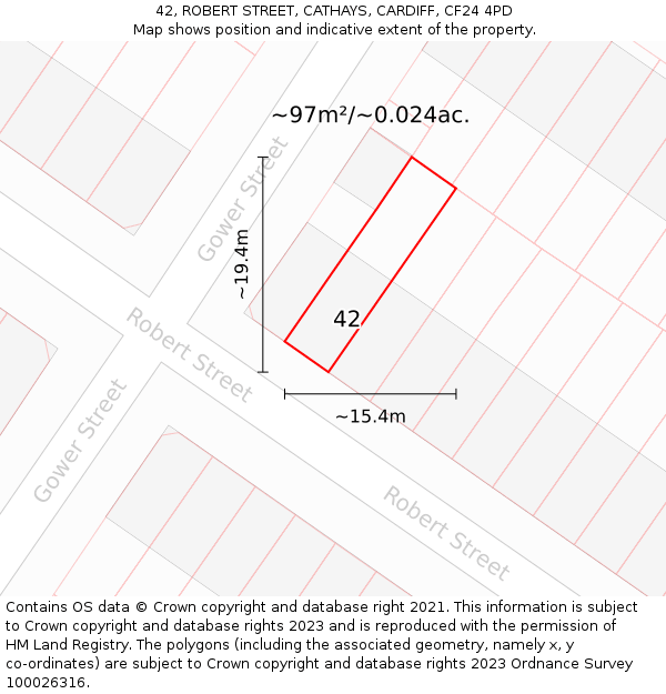42, ROBERT STREET, CATHAYS, CARDIFF, CF24 4PD: Plot and title map