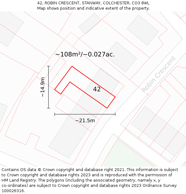42, ROBIN CRESCENT, STANWAY, COLCHESTER, CO3 8WL: Plot and title map