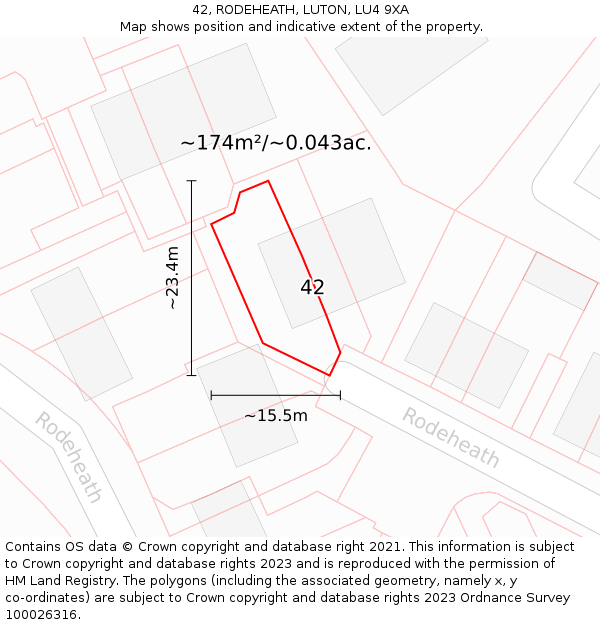42, RODEHEATH, LUTON, LU4 9XA: Plot and title map