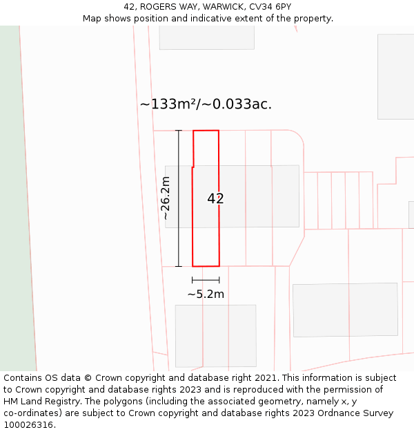 42, ROGERS WAY, WARWICK, CV34 6PY: Plot and title map