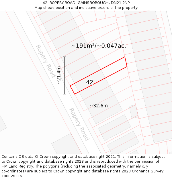 42, ROPERY ROAD, GAINSBOROUGH, DN21 2NP: Plot and title map