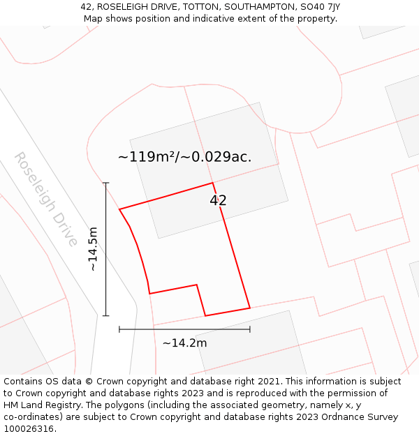 42, ROSELEIGH DRIVE, TOTTON, SOUTHAMPTON, SO40 7JY: Plot and title map