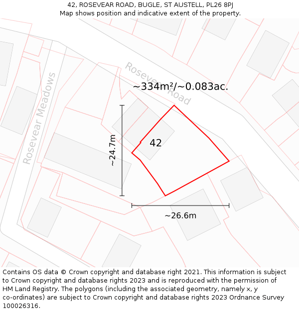 42, ROSEVEAR ROAD, BUGLE, ST AUSTELL, PL26 8PJ: Plot and title map