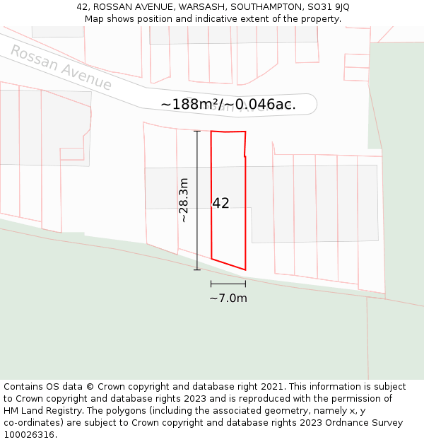 42, ROSSAN AVENUE, WARSASH, SOUTHAMPTON, SO31 9JQ: Plot and title map