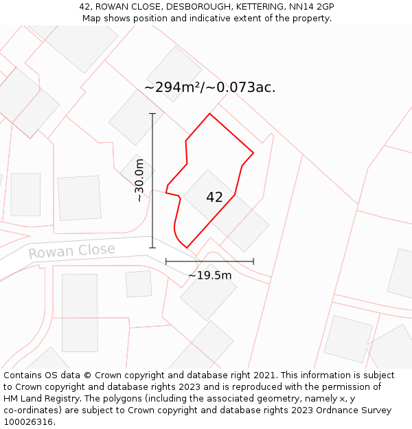 42, ROWAN CLOSE, DESBOROUGH, KETTERING, NN14 2GP: Plot and title map