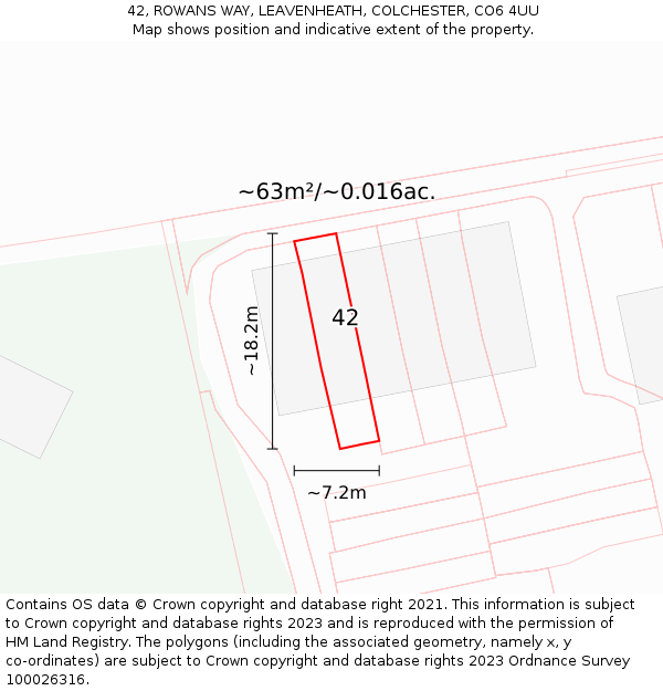 42, ROWANS WAY, LEAVENHEATH, COLCHESTER, CO6 4UU: Plot and title map